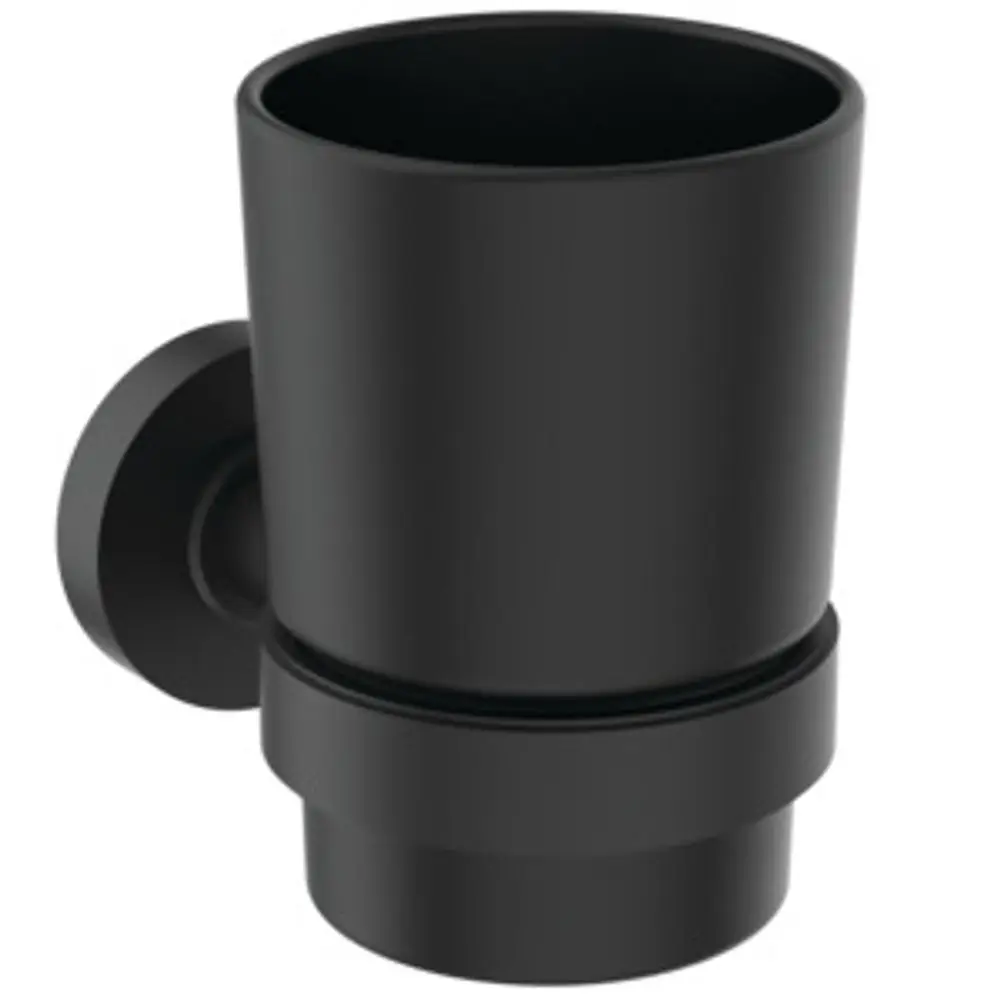 Schwarzer Zahnbecher aus satiniertem Glas, montierbar. Beispiel für Badzubehör der Marke Ideal Standard.